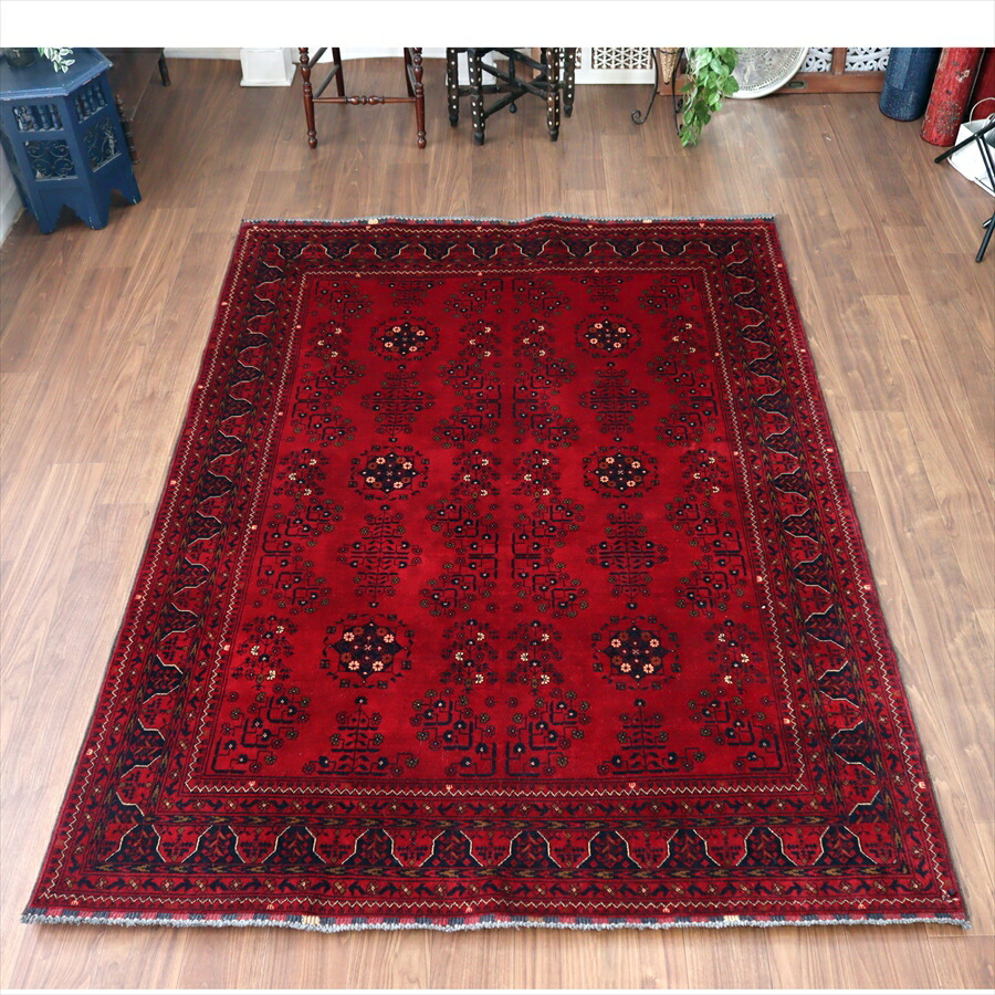 【15%OFFクーポン対象】クンドゥズ アフガン絨毯 241×176cm 幾何学モチーフ レッド