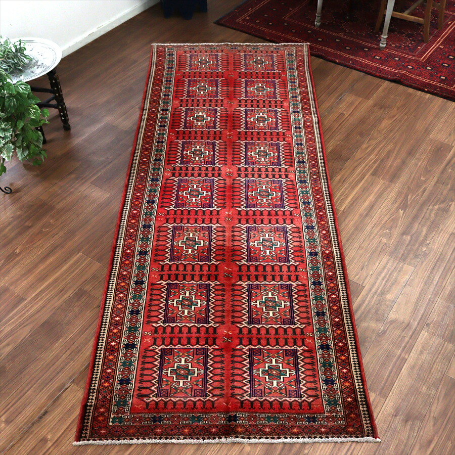 イランの手織りラグ トルクメン 291×111cm 細長いサイズ 幾何学模様|ガラタバザール(キリム&ラグ)