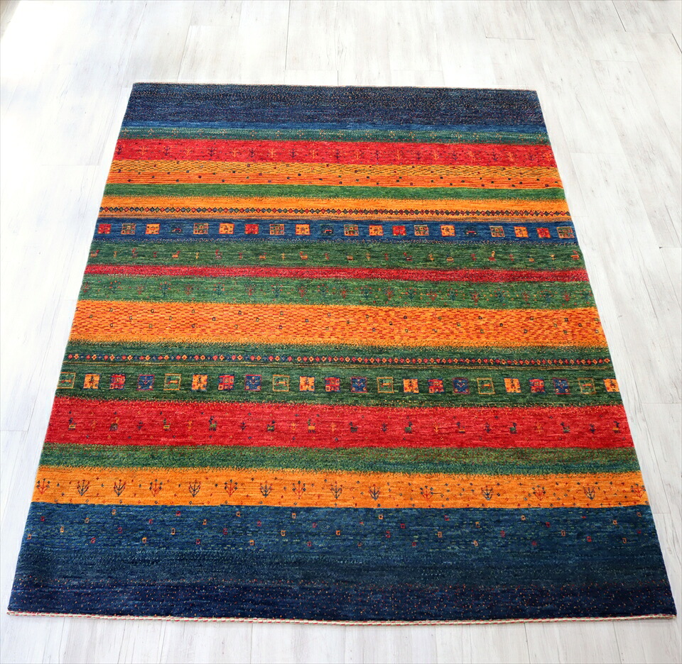 【15%OFFクーポン対象】Gabbeh　ギャベ　イラン直輸入ギャッベ・リズバフ・リビングサイズ230x170cm カラフル　ストライプ　ボーダー/カラフルスクエア　動物と植物モチーフ