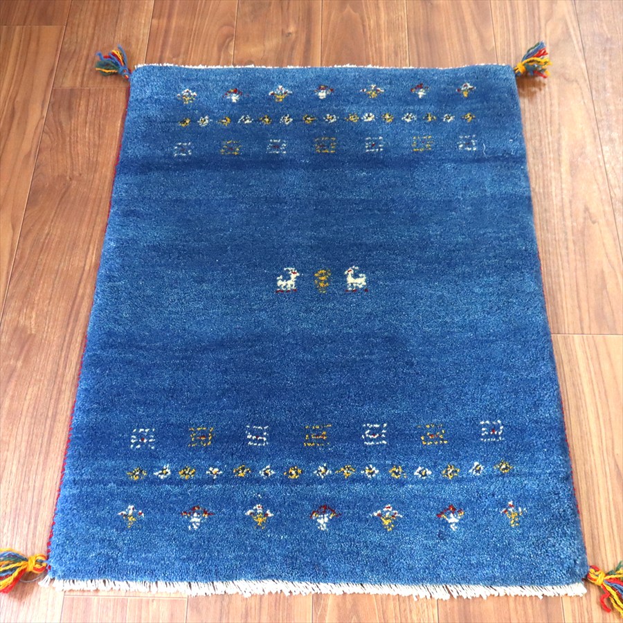 【15%OFFクーポン対象】ギャッベ イラン産手織り 86×67cm 玄関マット ブルー カラフルな生命の樹と動物