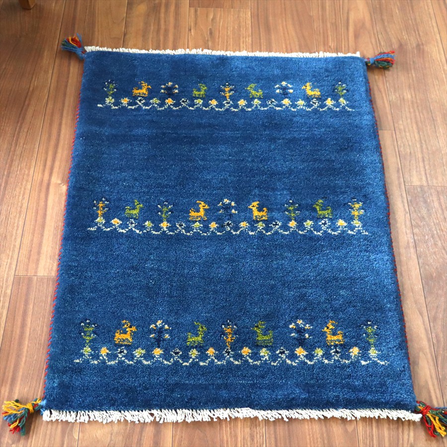 ギャッベ イラン産手織り 85×63cm 玄関マット ブルー 動物と生命の樹|ガラタバザール(キリム&ラグ)