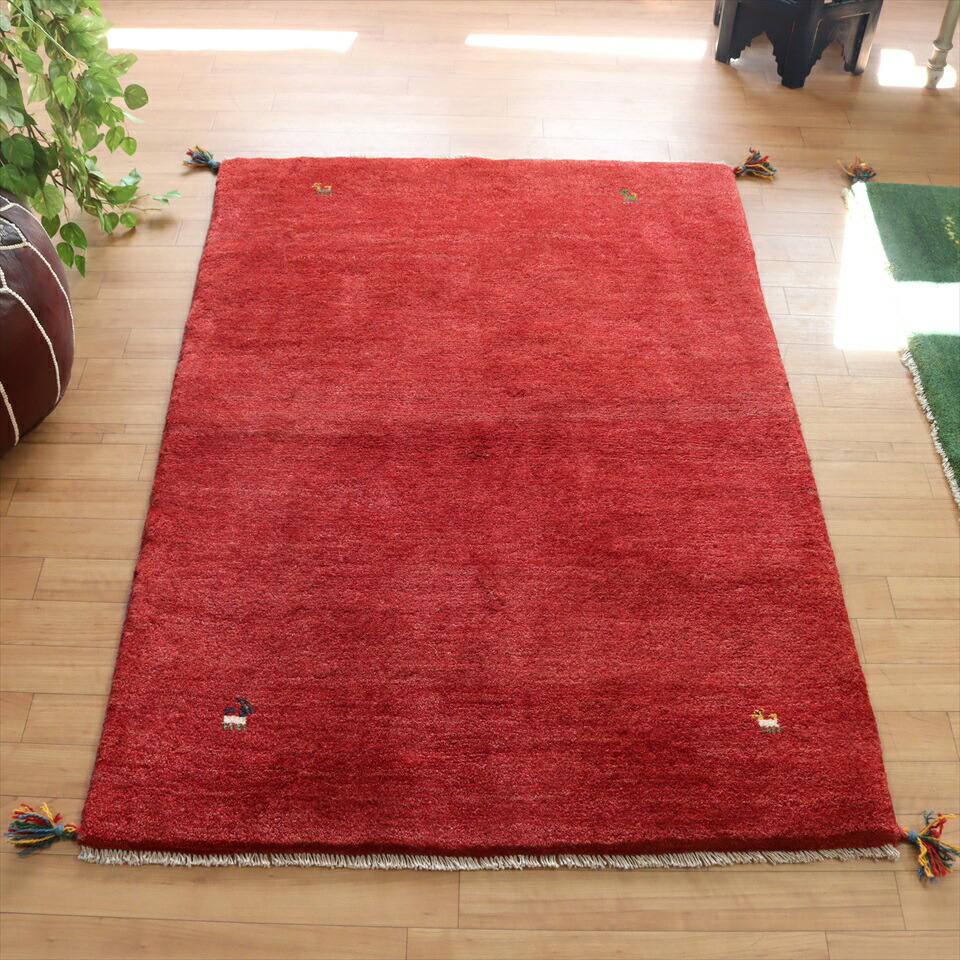 【15%OFFクーポン対象】ギャッベ カシュカイ族の手織りラグ 142×102cm レッド シンプルモチーフ