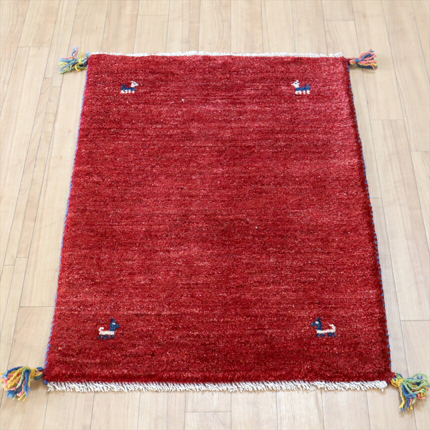 手織りギャッベ イラン産 90×60cm シンプルなレッド 玄関マット|ガラタバザール(キリム&ラグ)