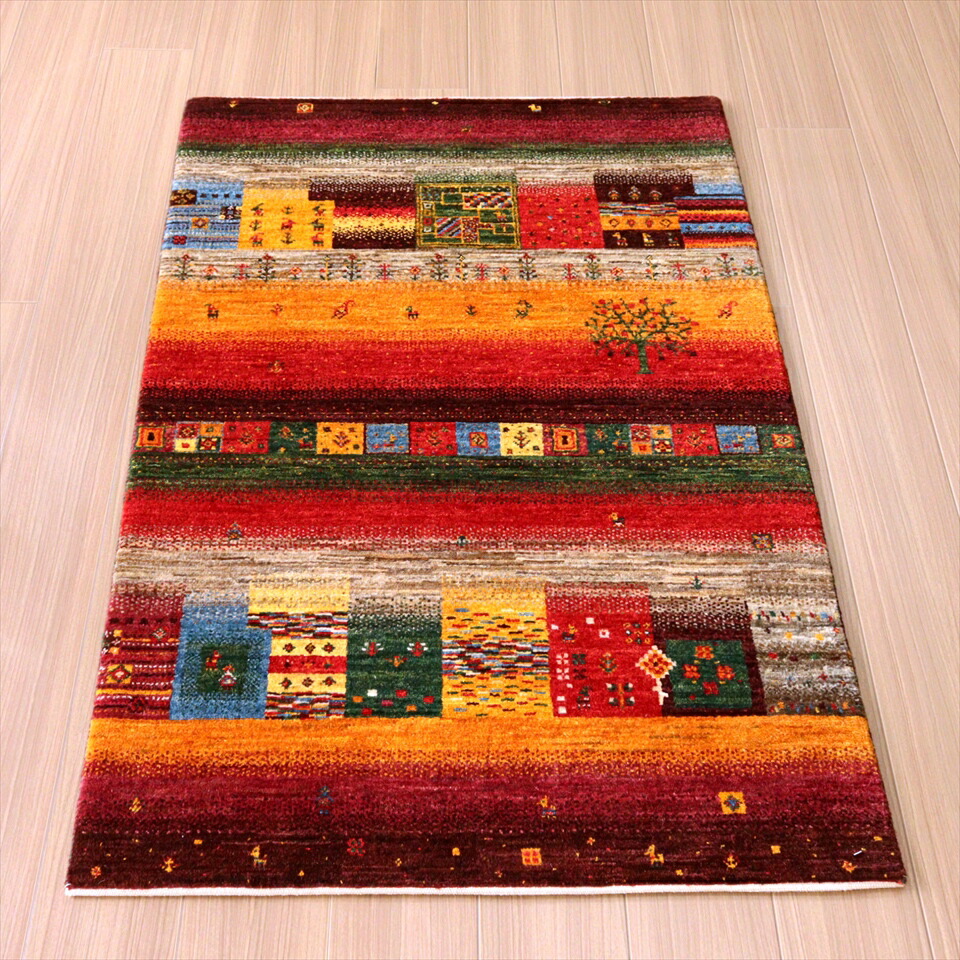 【15%OFFクーポン対象】ギャッベ リズバフト　細かな織り 132×86cm レッド＆オレンジ イランの手織りラグ