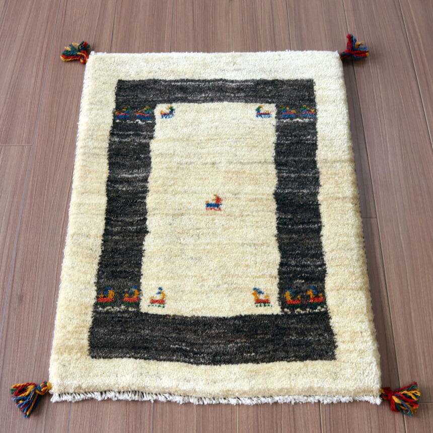 ギャッベ ふかふか 玄関マットサイズ 85×62cm 天然の羊毛の色 カラフルな動物|ガラタバザール(キリム&ラグ)