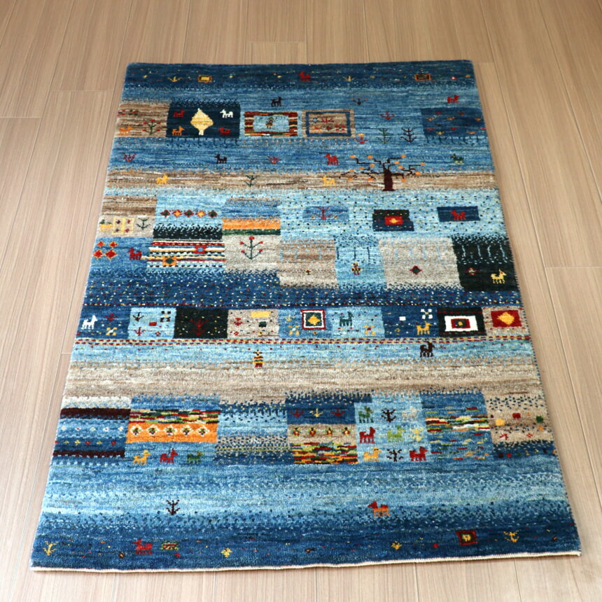 Gabbeh Nowbaft ノウバフト ギャッベ 136×82cm ブルー系 ランダムなモザイクデザイン|ガラタバザール(キリム&ラグ)
