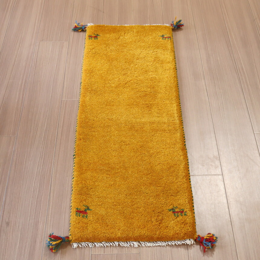 ギャッベ イラン製 ミニランナー 117×42cm イエロー オレンジ シンプル 無地|ガラタバザール(キリム&ラグ)