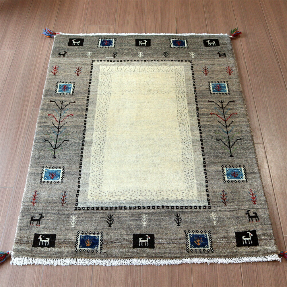【15%OFFクーポン対象】ギャッベ イラン産 手織り 120×83cm グレー&アイボリー