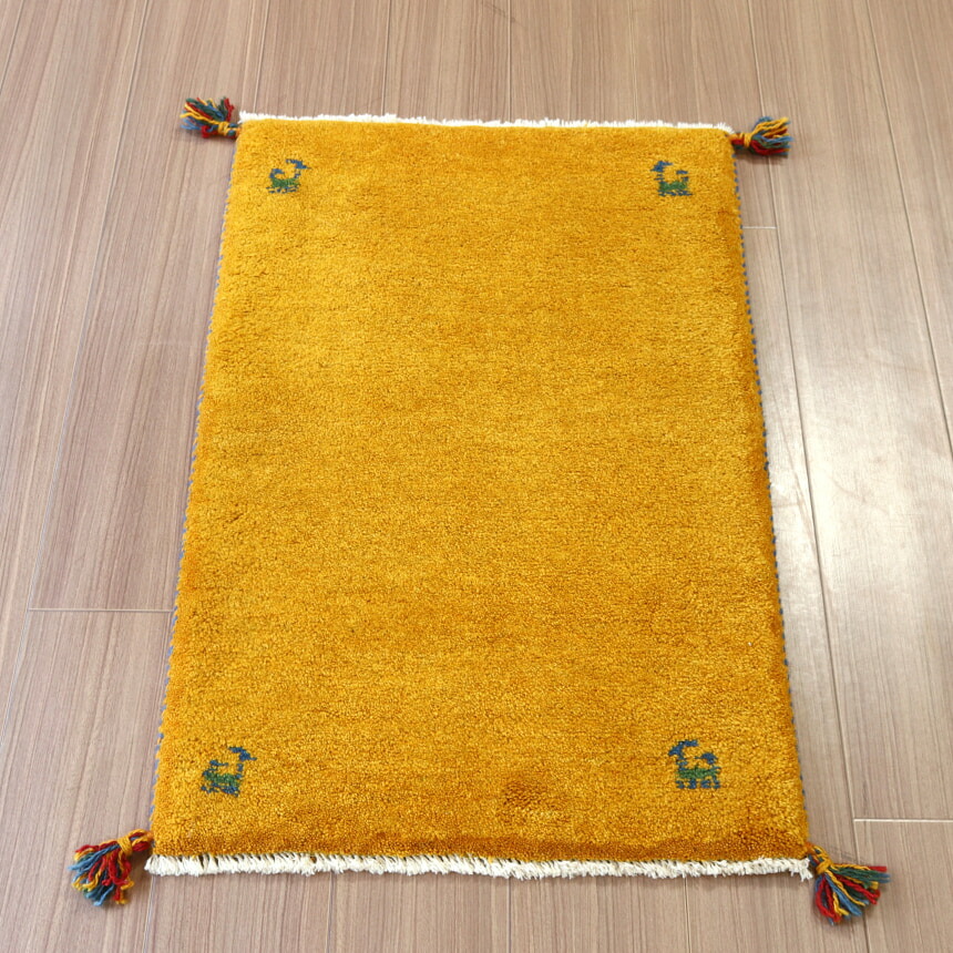ギャッベ 手織り イラン産 90&times;58cm 玄関マット　オレンジ　無地　シンプル｜ガラタバザール（キリム＆ラグ）