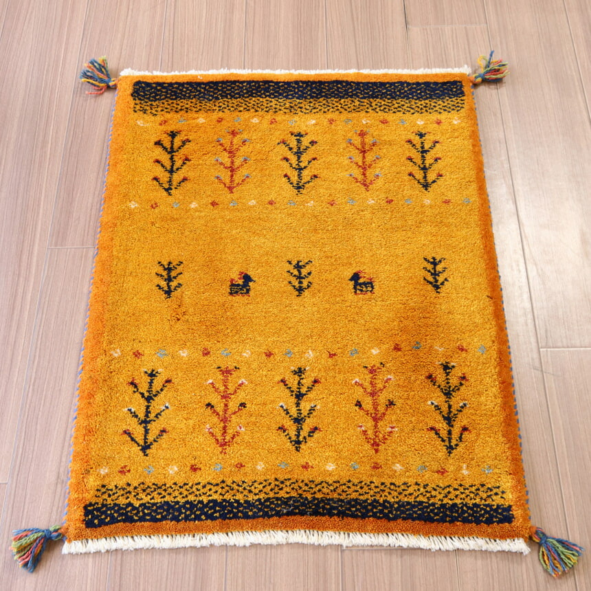 ギャッベ 手織り イラン産 88&times;64cm オレンジ　生命の木　玄関マット｜ガラタバザール（キリム＆ラグ）