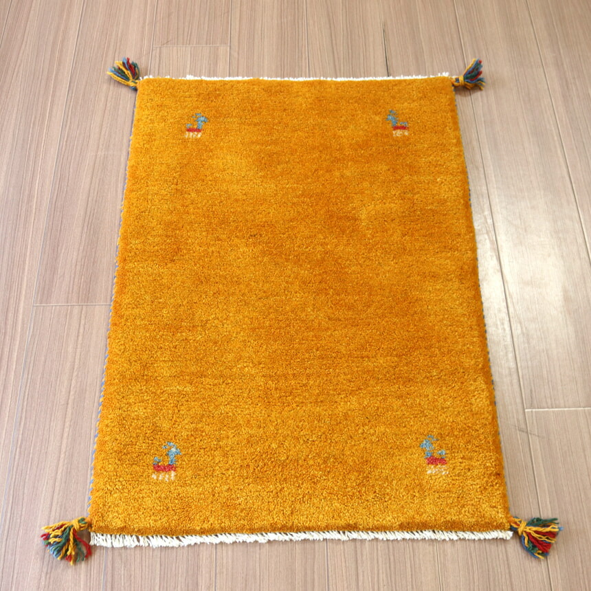 ギャッベ 手織り イラン産 88&times;62cm 玄関マット　オレンジ　無地　シンプル｜ガラタバザール（キリム＆ラグ）