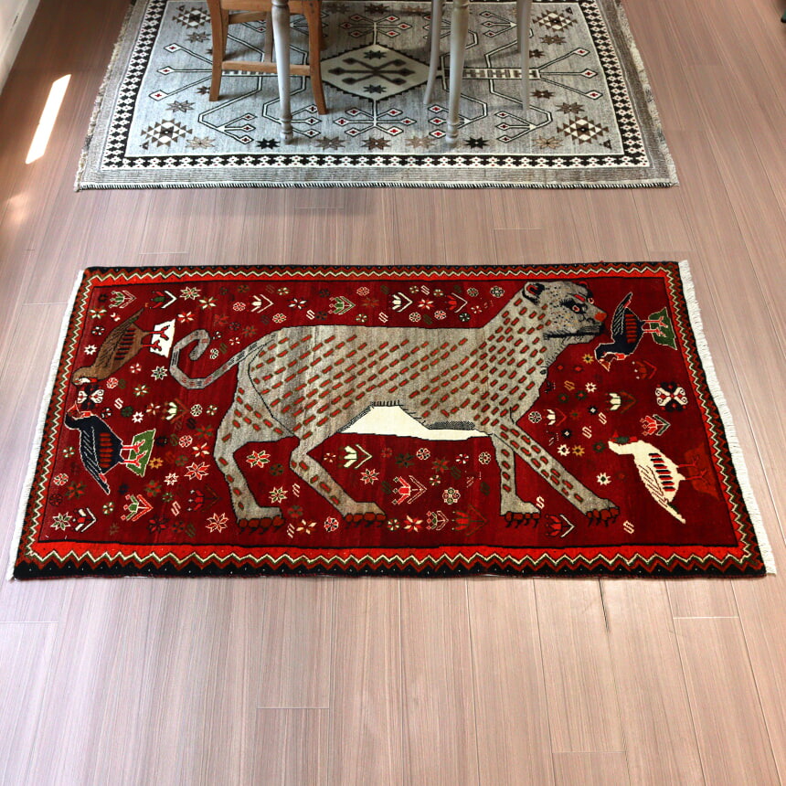 【15%OFFクーポン対象】イランの手織りラグ オールドギャッベ 175×100cm ヒョウと鳥たち