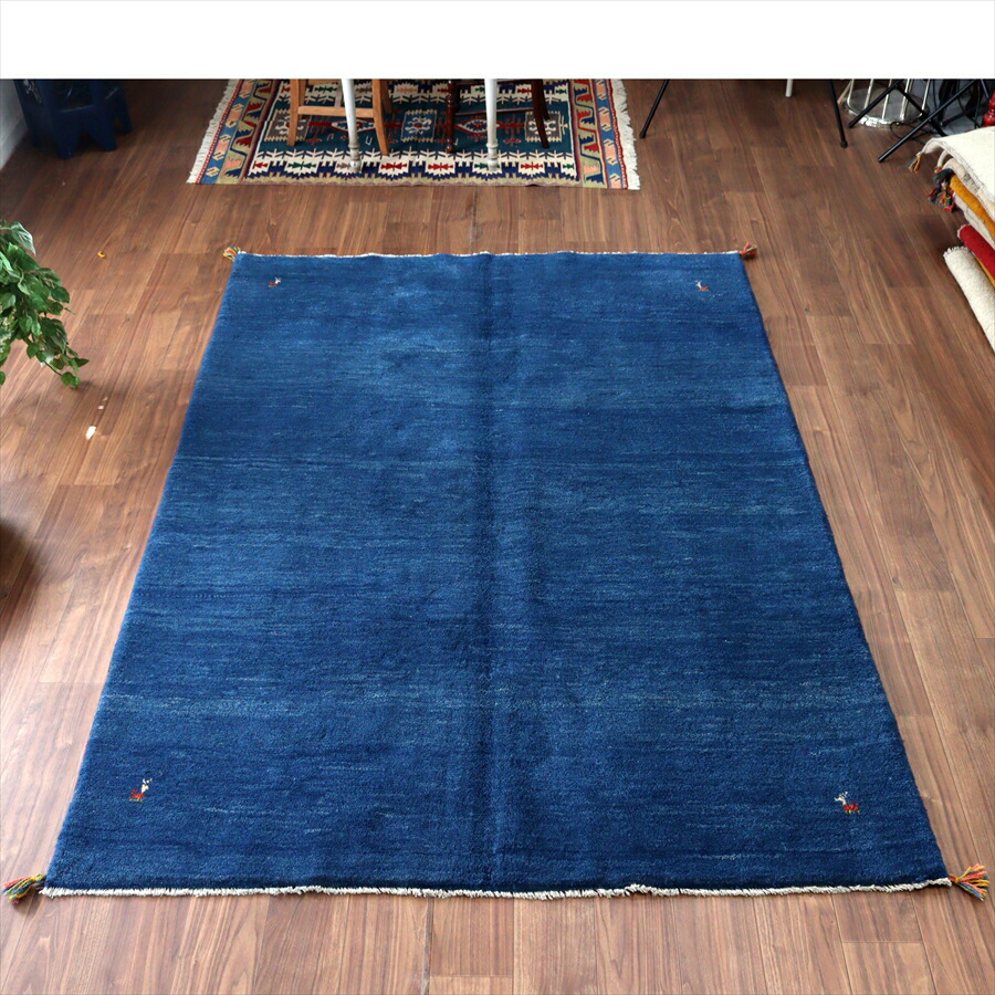イランのカシュカイ族 手織りラグ ギャッベ 241&times;172cm ブルー シンプルモチーフ｜ガラタバザール（キリム＆ラグ）