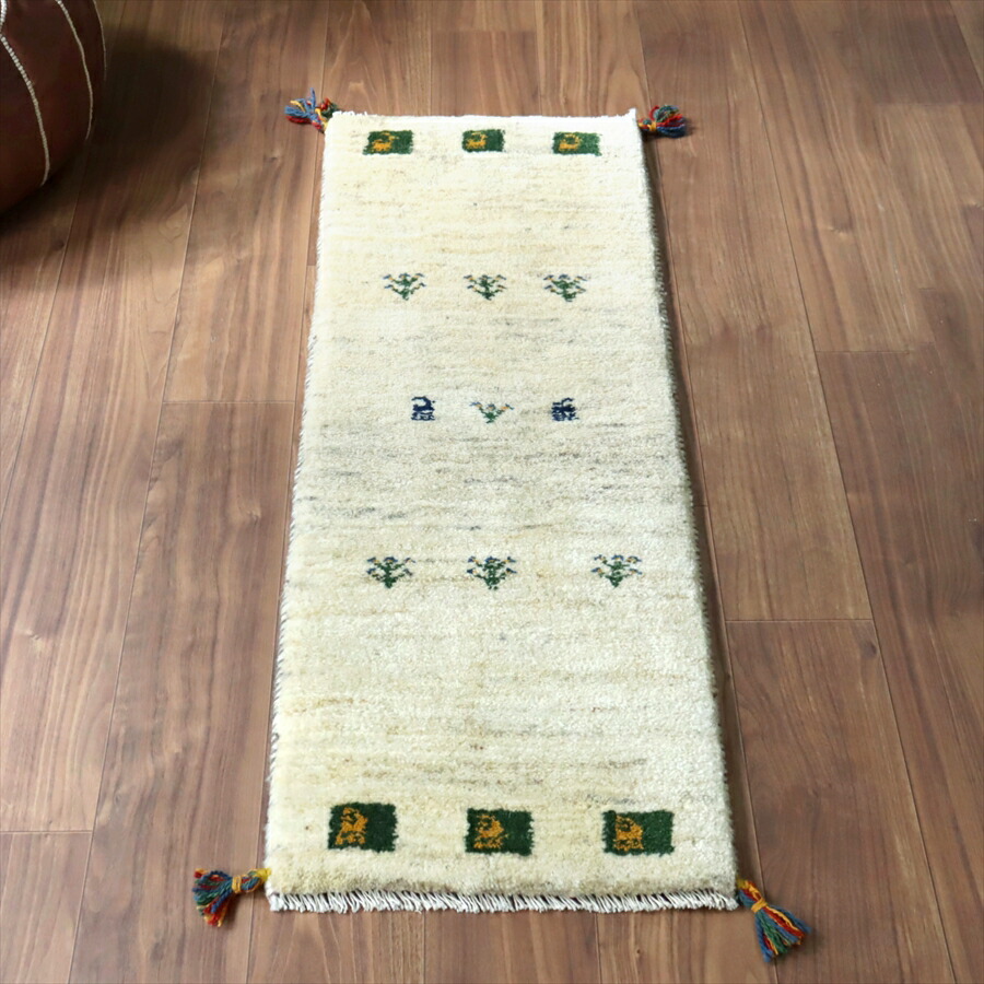 ギャッベ イラン 手織り　ミニランナー 115&times;43cm ナチュラル羊毛　アイボリー　生命の木と動物｜ガラタバザール（キリム＆ラグ）