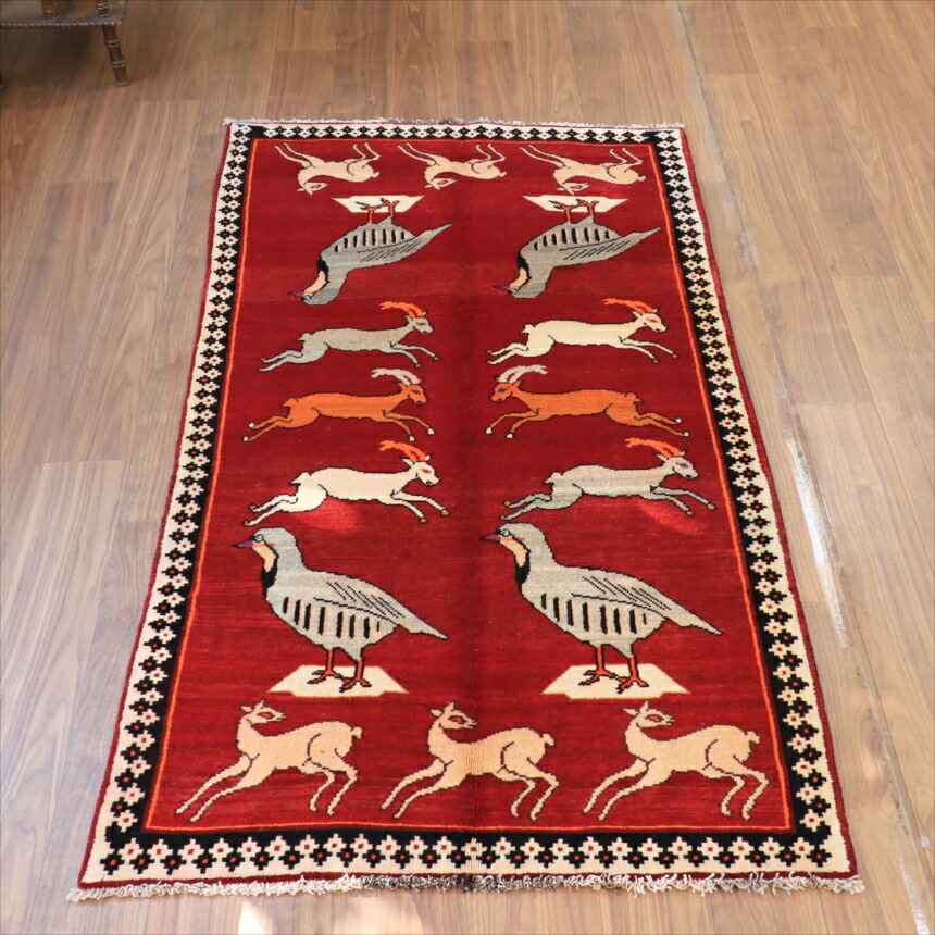 【15%OFFクーポン対象】オールドギャッベ トライバルラグ 195×105cm カシュカイ族の手織り絨毯 鹿とムクドリ