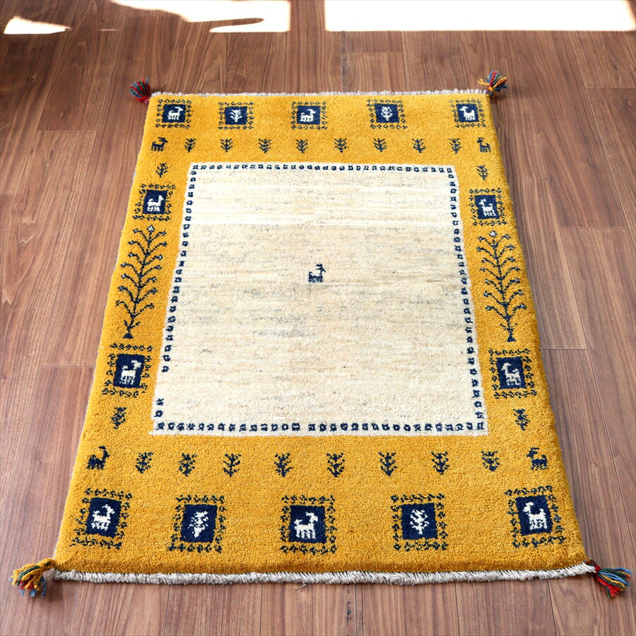 【15%OFFクーポン対象】イランの手織りラグ ギャッベ 127×89cm 動物のタイルと生命の樹