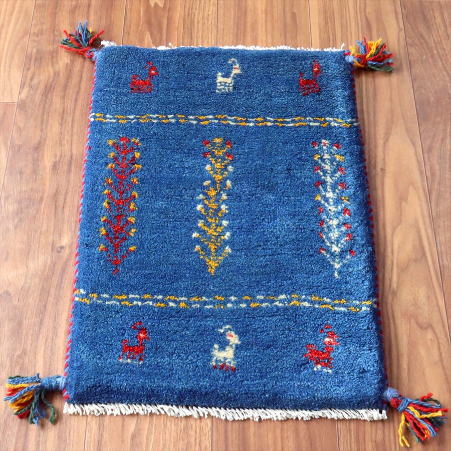 【15%OFFクーポン対象】ギャッベ ミニギャベ イラン手織り 58×40cm ブルー 連なる生命の樹と動物