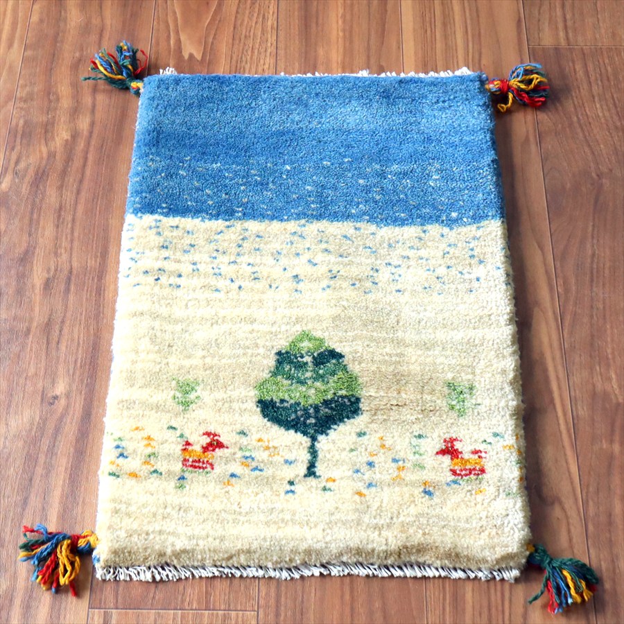 ギャッベ ミニギャベ イラン手織り 59&times;41cm ナチュラルアイボリー 糸杉と動物｜ガラタバザール（キリム＆ラグ）