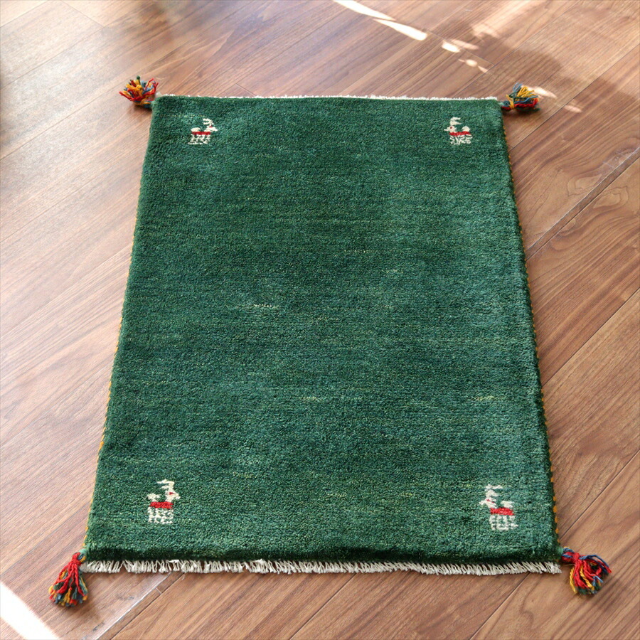 【15%OFFクーポン対象】ギャッベ イラン産手織りラグ 88×60cm グリーン シンプルモチーフ