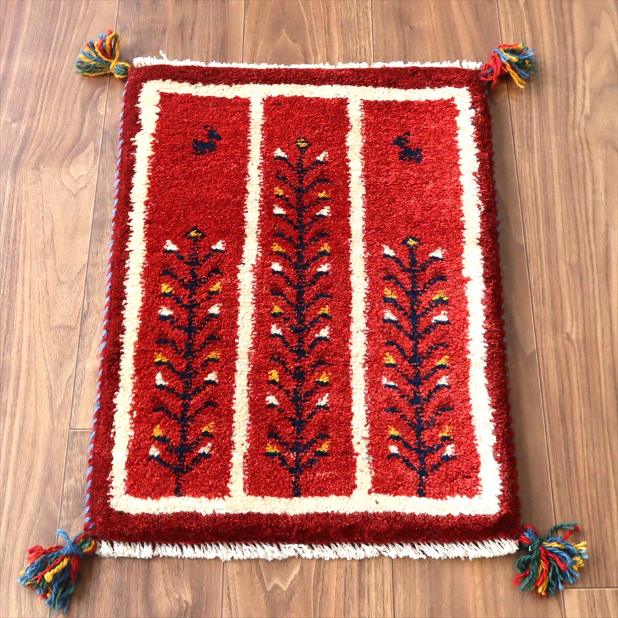 【15%OFFクーポン対象】ギャッベ ミニギャベ イラン産 58×42cm レッド 連なる生命の樹と動物