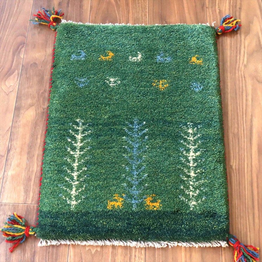 【15%OFFクーポン対象】ギャッベ ミニギャベ イラン産 58×41cm グリーン 連なる生命の樹と動物