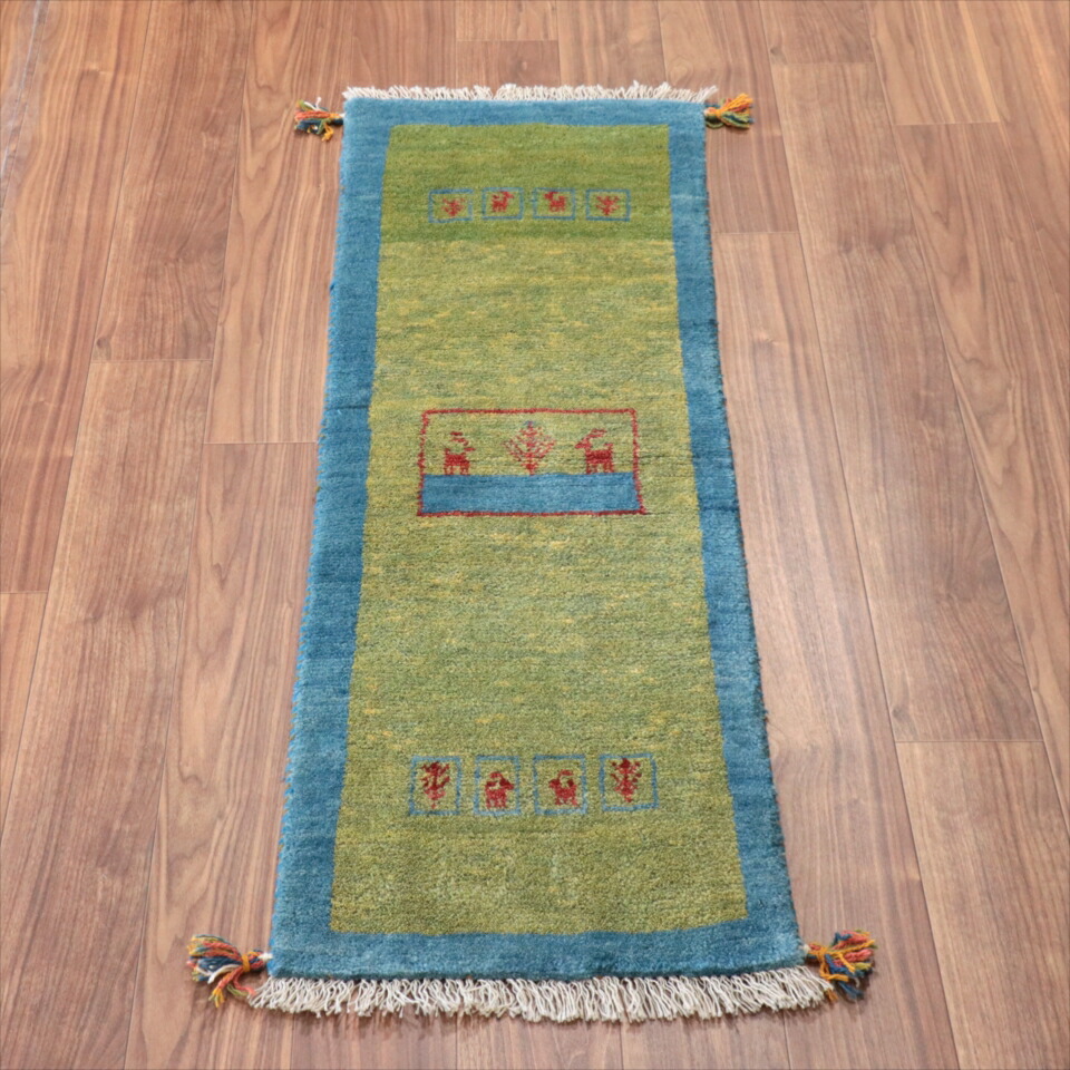 【15%OFFクーポン対象】ギャッベ　プリミティブで素朴なデザイン/ 143×49cm グリーン　ランナー