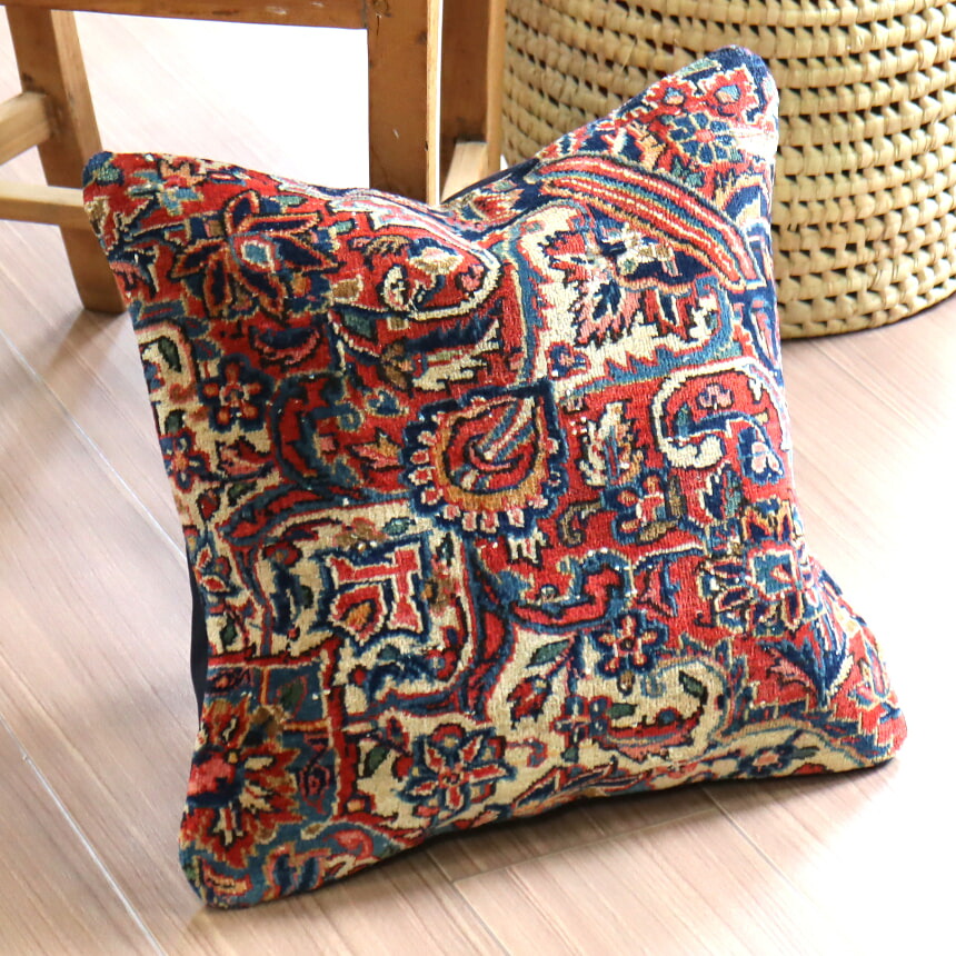 【15%OFFクーポン対象】クッションカバー ヴィンテージ パイル織り 40×39cm トルコ絨毯・ヘレケ 細かなフラワーデザイン