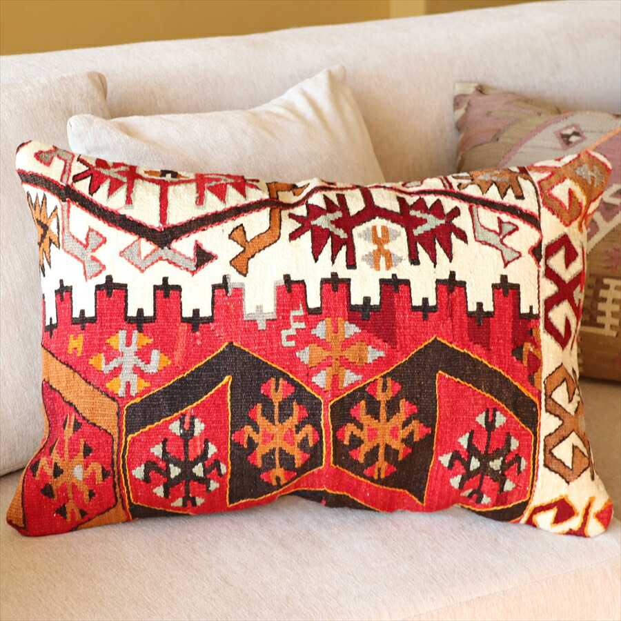 オールドキリムクッション・長方形ビッグピロー Turkish Old Kilim Cushion 60×40cm カイセリ|ガラタバザール(キリム&ラグ)