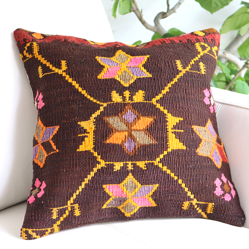 オールドキリム クッションカバー 40cm Old Kilim Cushion 黄色のラティス カルス 贈与