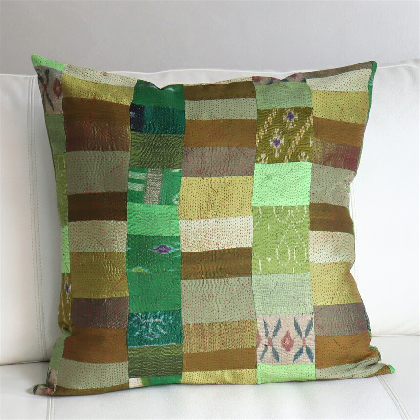 【10%OFFクーポン対象】カンタ刺繍　シルク　クッションカバー51×51cm モザイクパッチワーク　グリーングラデーション