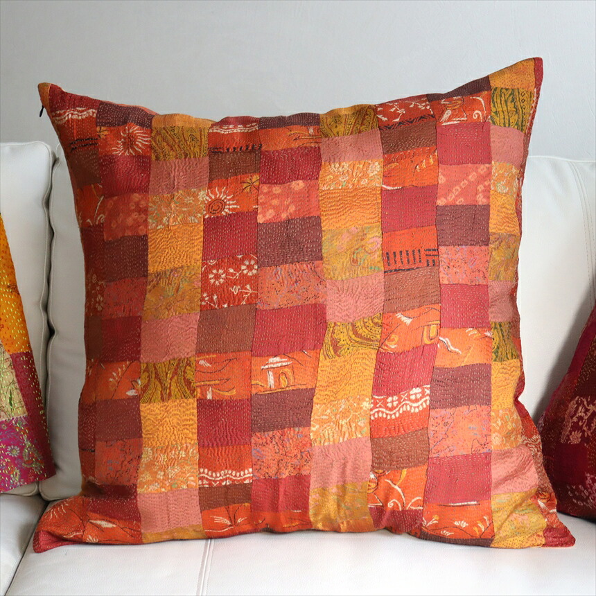 【10%OFFクーポン対象】カンタ刺繍　シルク　クッションカバー60×60cm モザイクパッチワーク　オレンジグラデーション