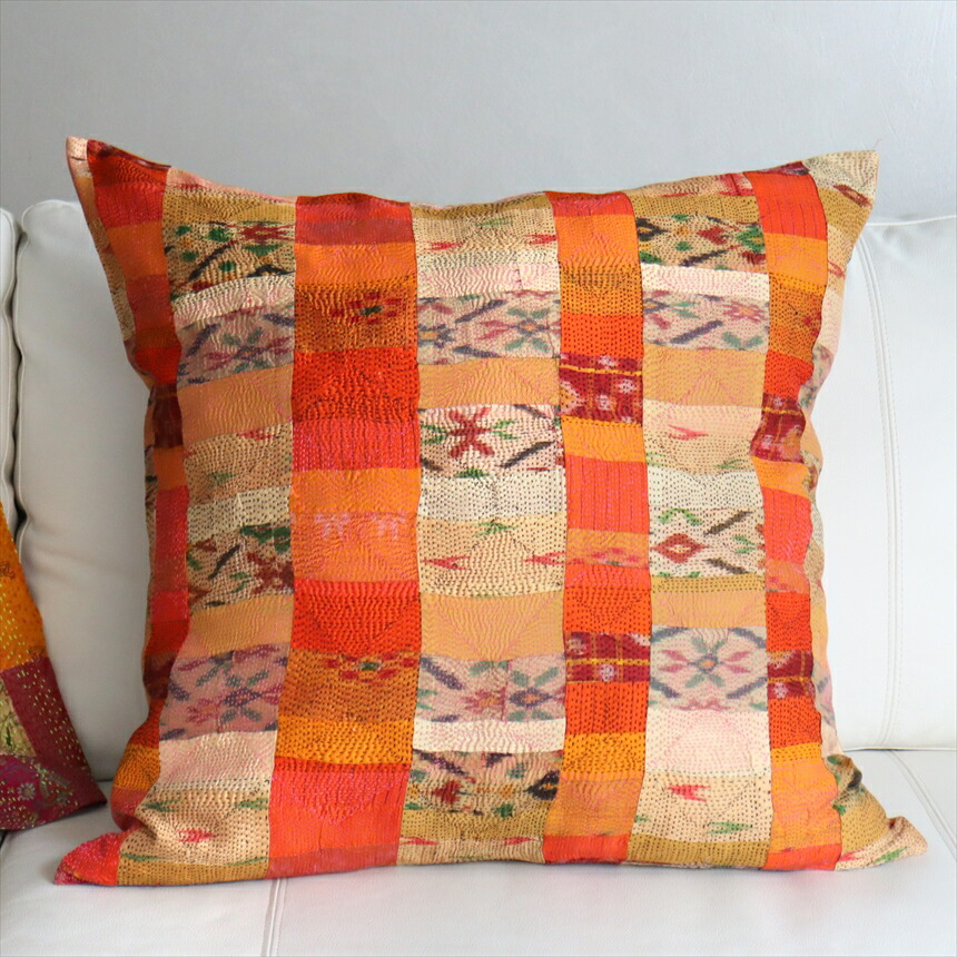 【10%OFFクーポン対象】カンタ刺繍　シルク　クッションカバー60×60cm モザイクパッチワーク　オレンジグラデーション