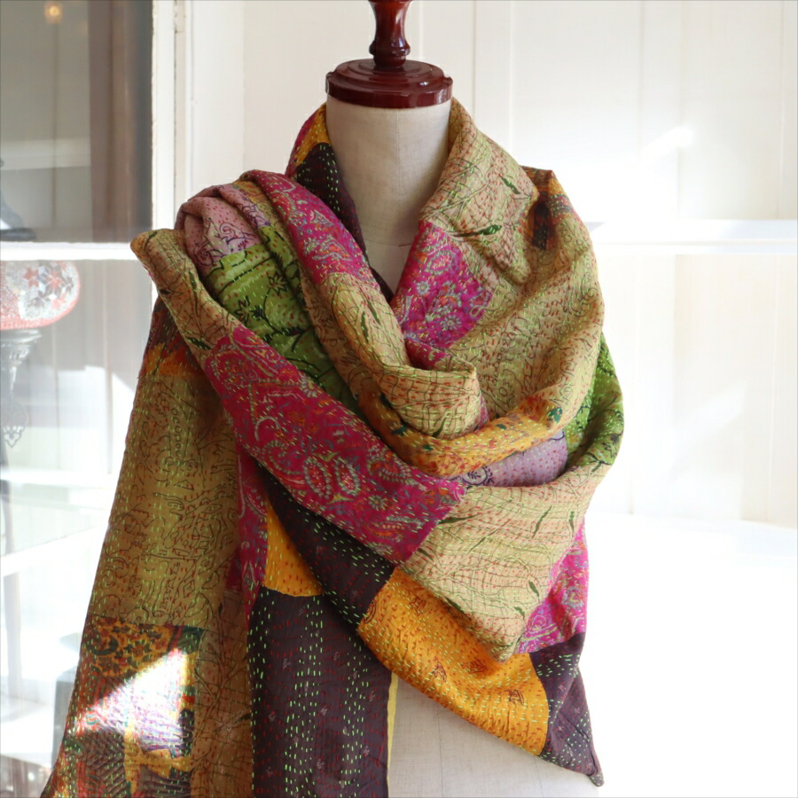 【10%OFFクーポン対象】カンタ刺繍　シルクストール 大判208×93cm モザイク パッチワーク 【一点もの　現品】 Kantha embroidery, India