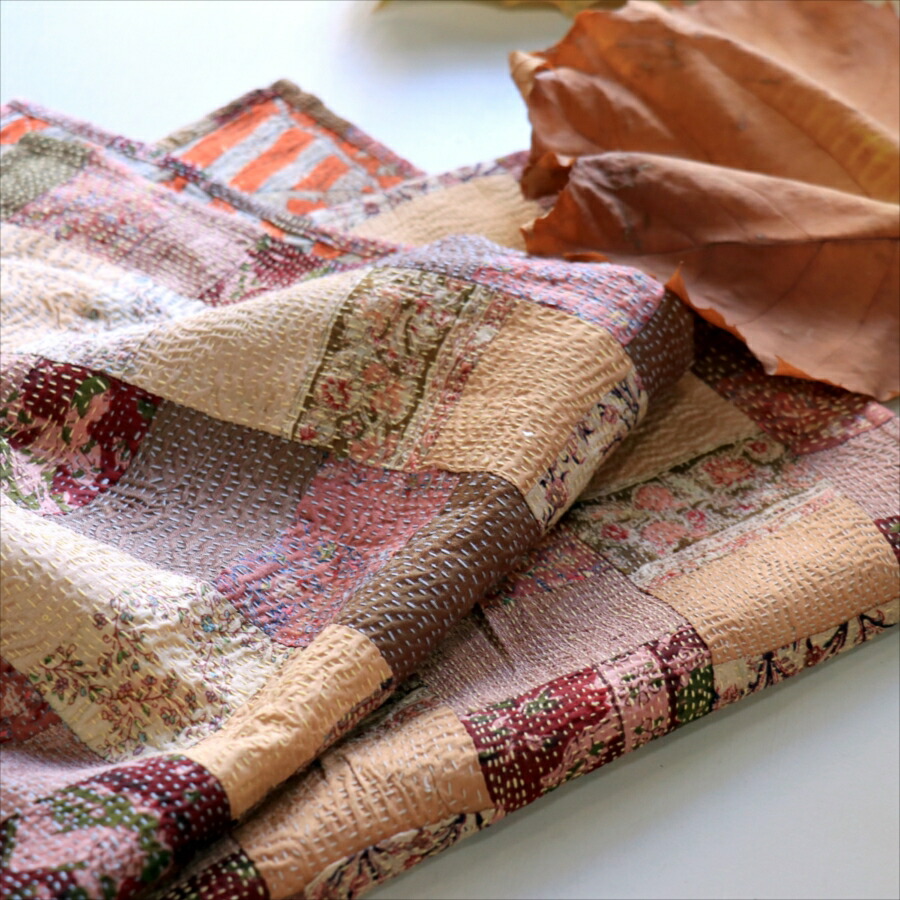 【10%OFFクーポン対象】カンタ刺繍 シルク ミニクロス65×60cm パッチワーク モーブ＆ベージュ　両面リバーシブル