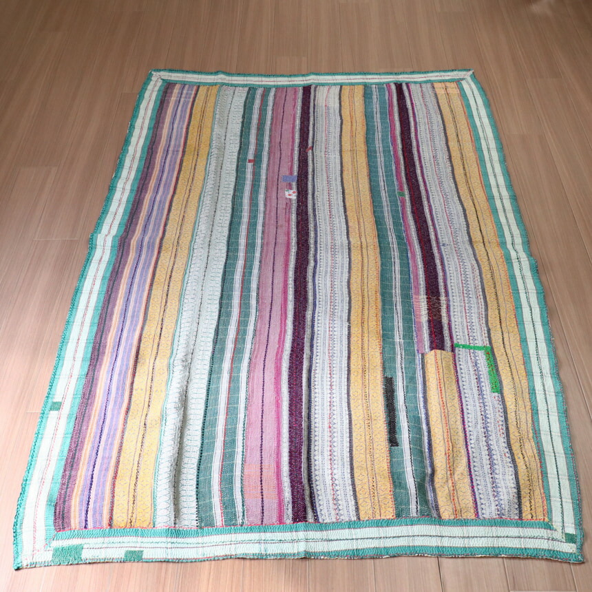 カンタ刺繍　ヴィンテージカンタ　インド218&times;146cmストライプ　古布　刺し子刺繍｜ガラタバザール（キリム＆ラグ）