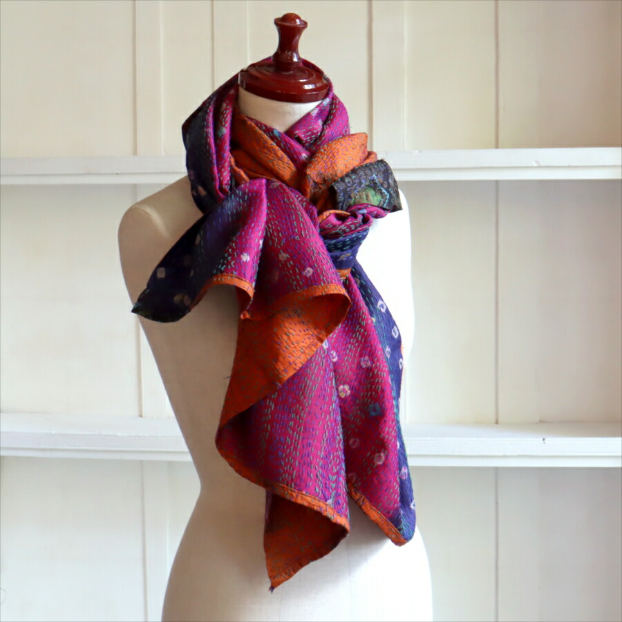 楽天市場】カンタ刺繍 シルクストール インド リサイクルサリー 212