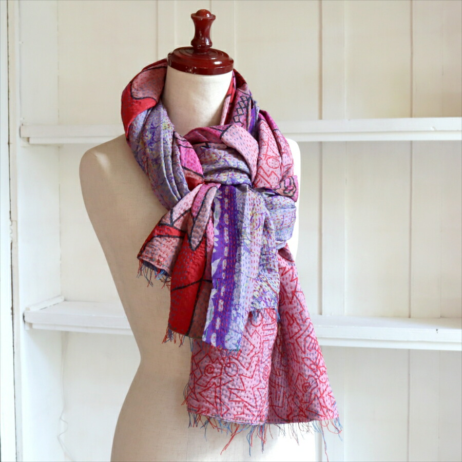 超希少　インド　カンタ刺繍サリー　BL キリムスタイル / インド カンタ刺繍・パッチワーク/ラリーキルト 古布