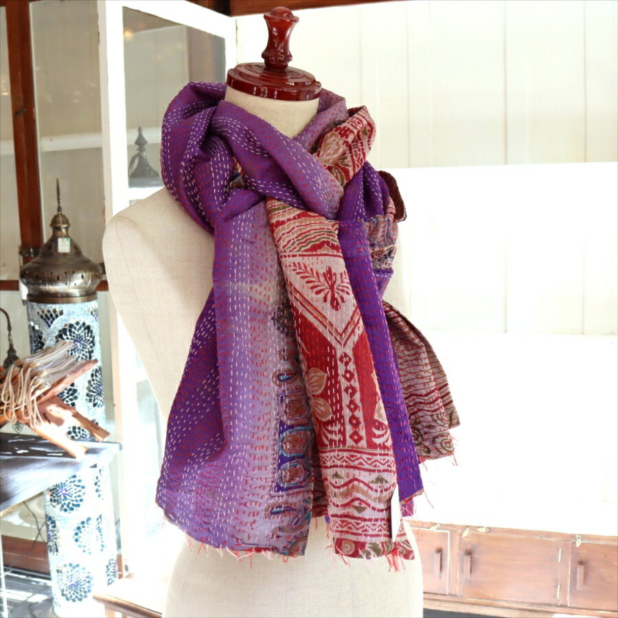 楽天市場】カンタ刺繍 シルクストール インド リサイクルサリー 212