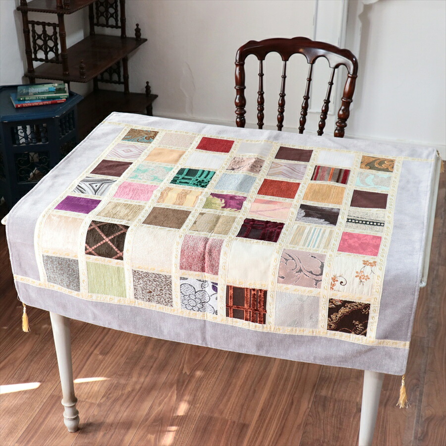 マルチカバー モザイクパッチワーク 95x95cmサイズ シュニール素材|ガラタバザール(キリム&ラグ)