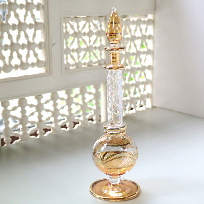 【10%OFFクーポン対象】エジプトガラス香水瓶　Egyptian Perfume Bottle　イエロー 28cm ゴールドの切子細工