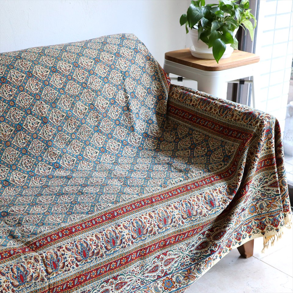 【15%OFFクーポン対象】ペルシャ更紗 イラン手染め布 271x208cm アンティークデザイン トレリス ソファーカバー ベッドカバー