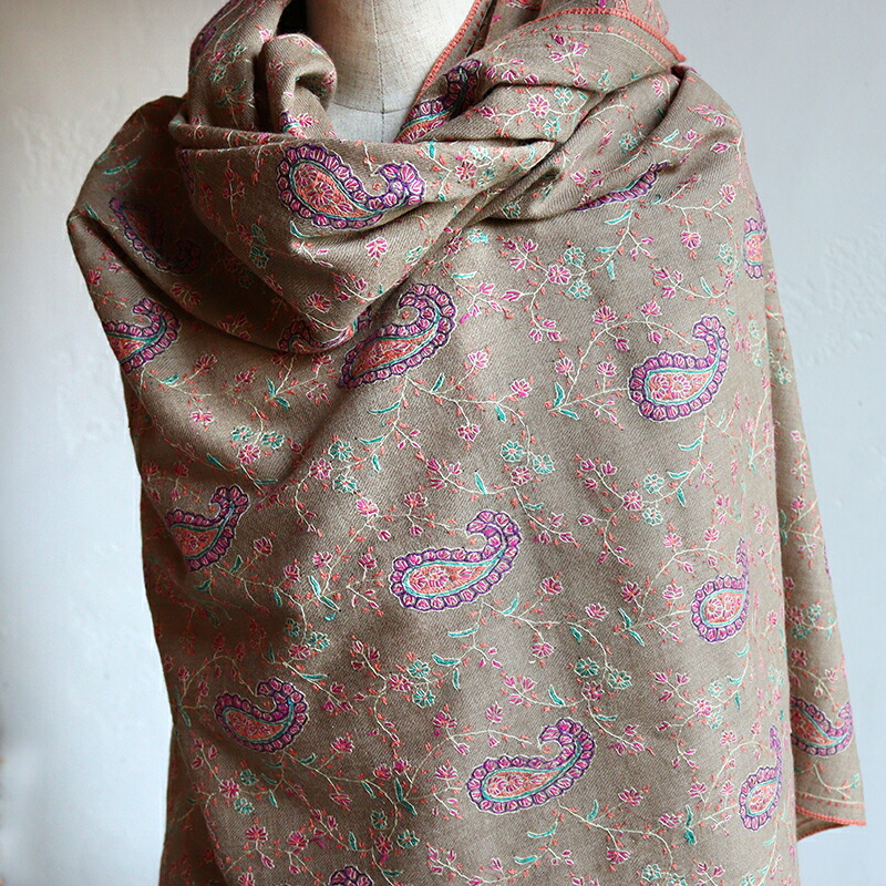 カシミヤ袈裟 偏狭なエンブロイダリー 大判大いさブラウン 1項目もの Ogival Com My