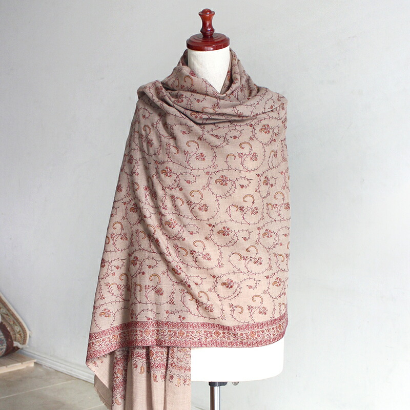 お中元 ウールストール 細かな刺繍 大判サイズライトブラウン 1点もの
