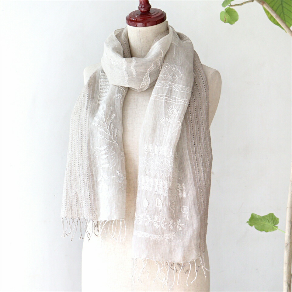 麻ショール ストール リネンカンタ刺繍ショールグレー ベージュ 170 50cm Andapt Com
