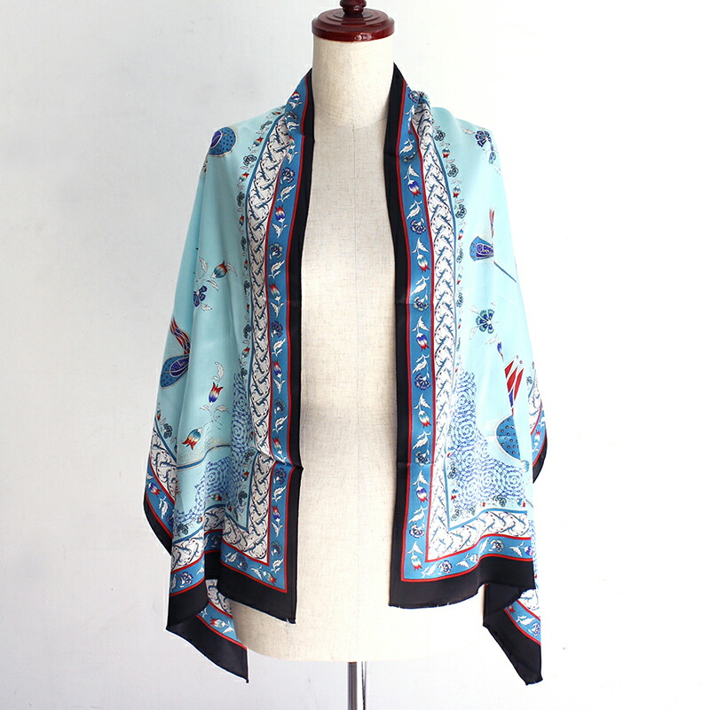シルクスカーフロング トルコ伝統デザイントゥーラ ナカシュ ターコイズブルー