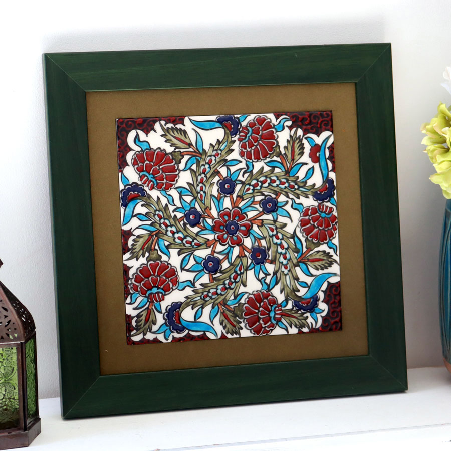 トルコ陶器 手書きタイル 1枚額 H32&times;W32&times;D1.5cm カーネーション Turkish Hand Paint Tile｜ガラタバザール（キリム＆ラグ）