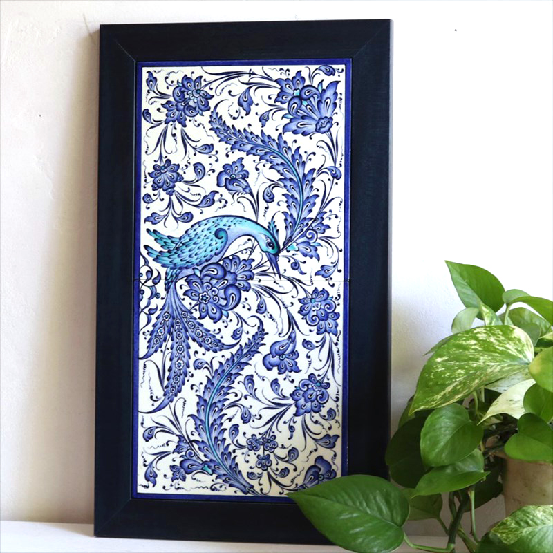 トルコタイル 手書き陶器2枚額 H47×W27×D1.5cm 青い花と鳥 Turkish Hand Paint Tiles画像