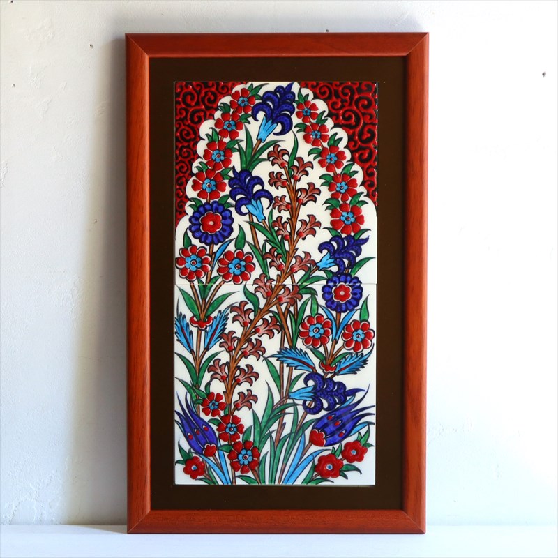 トルコ陶器 手書きタイル 2枚額 H49×W29.5×D1.5cm チューリップとカーネーション Turkish Hand Paint Tiles|ガラタバザール(キリム&ラグ)