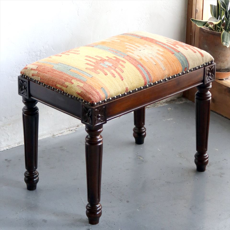 【15%OFFクーポン対象】オールドキリムスツールベンチ H52×W54×D35cm オールドキリム木製家具 old kilim wood furniture stool bench