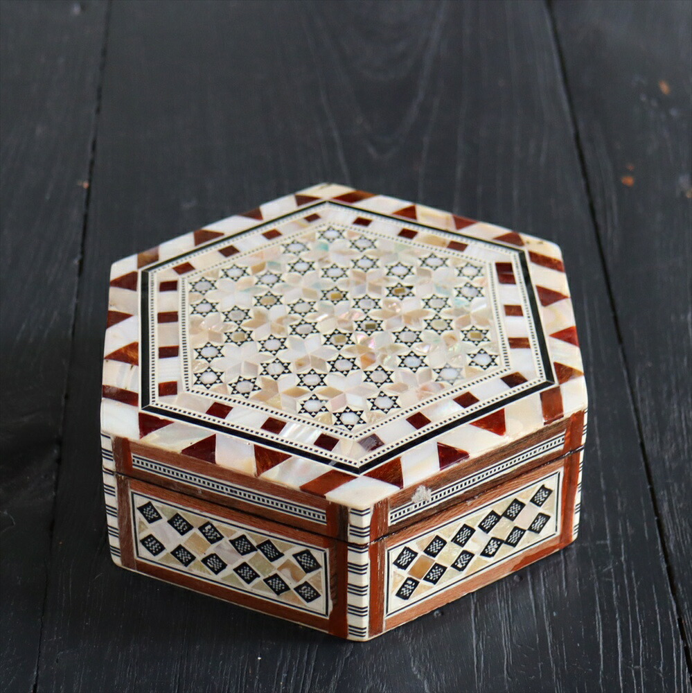 【10%OFFクーポン対象】エジプト製螺鈿ジュエリーボックス六角形 Mother of Pearl Jewelry Box Hexagon/